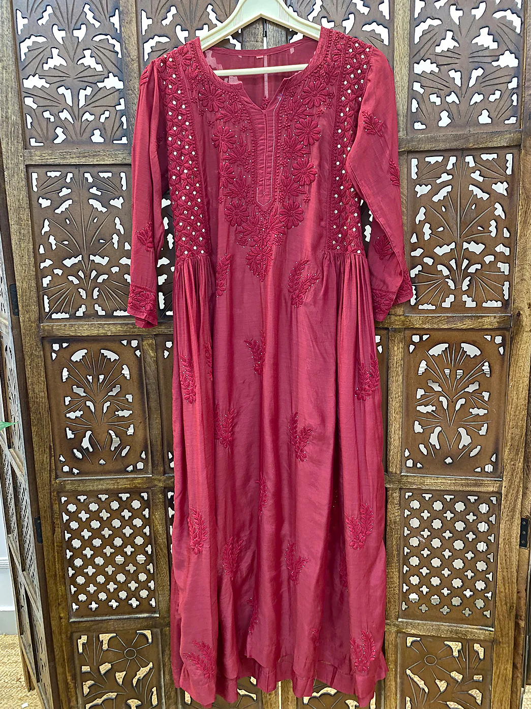 Red Chanderi Chikankari A-Line Kurti - Image 2