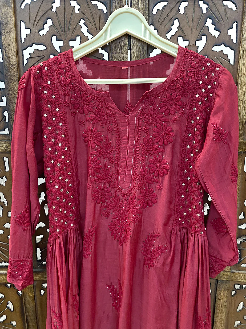 Red Chanderi Chikankari A-Line Kurti - Image 3