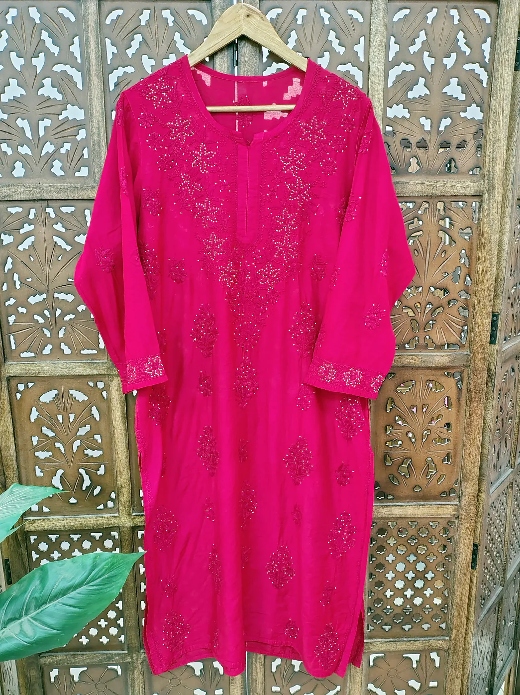 Red Chanderi Chikankari Straight Kurti - Image 2