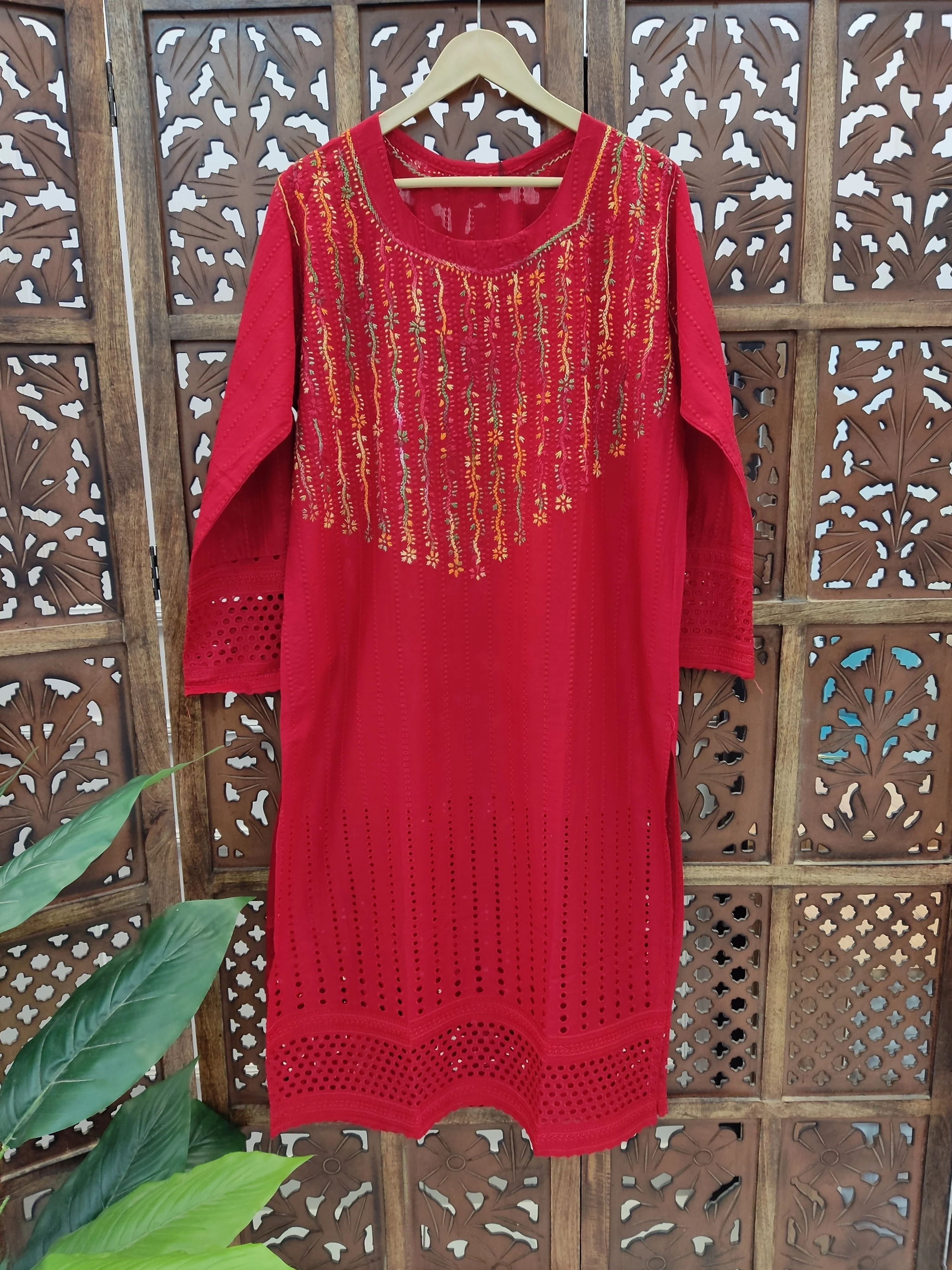 Red Cotton Chikankari Straight Kurti - Image 2