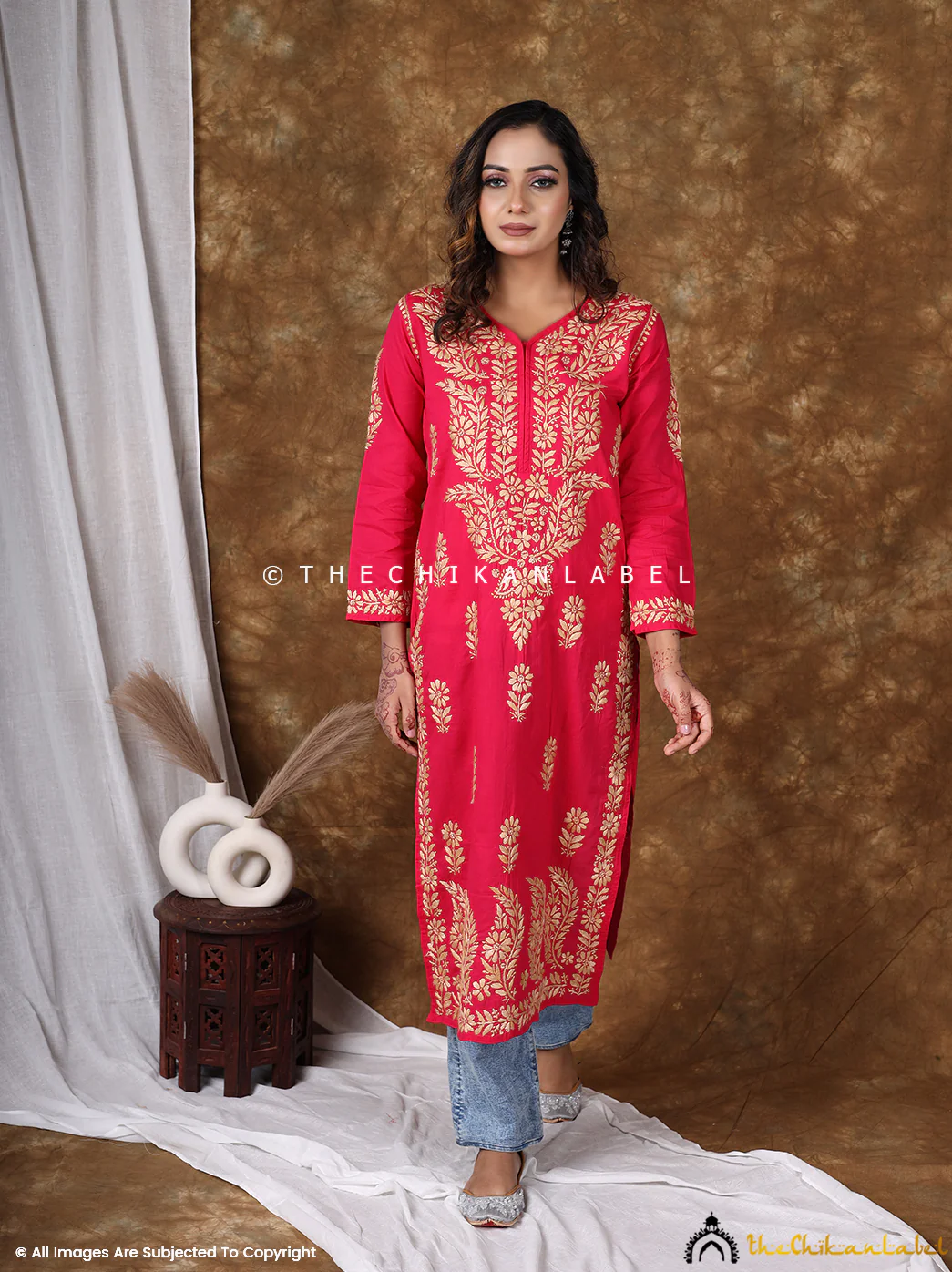 Red Cotton Chikankari Straight Kurti - Image 2