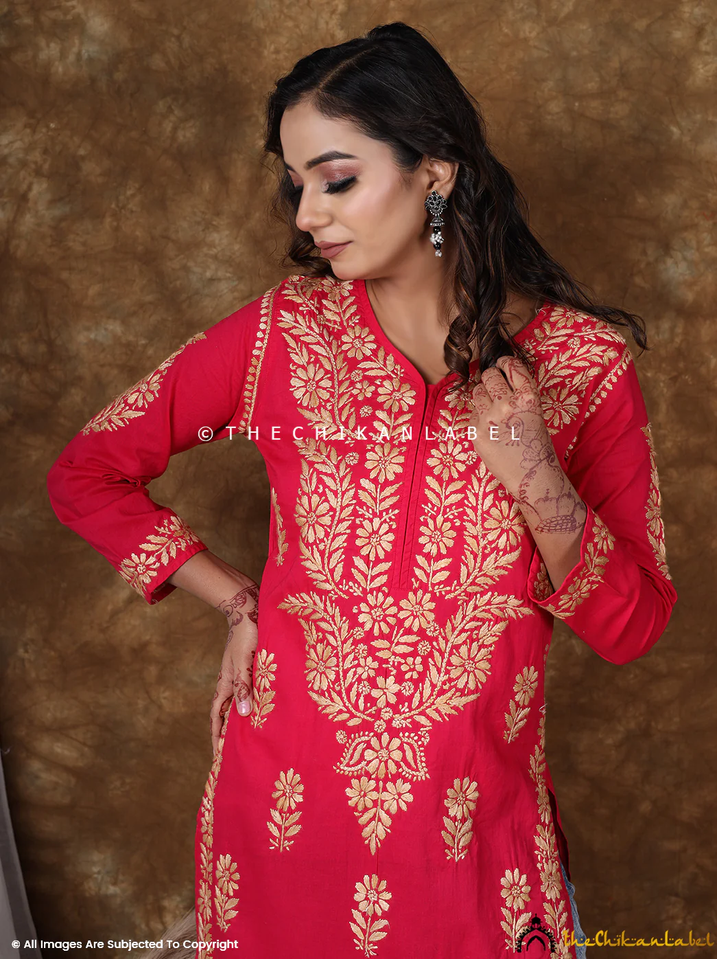 Red Cotton Chikankari Straight Kurti - Image 4