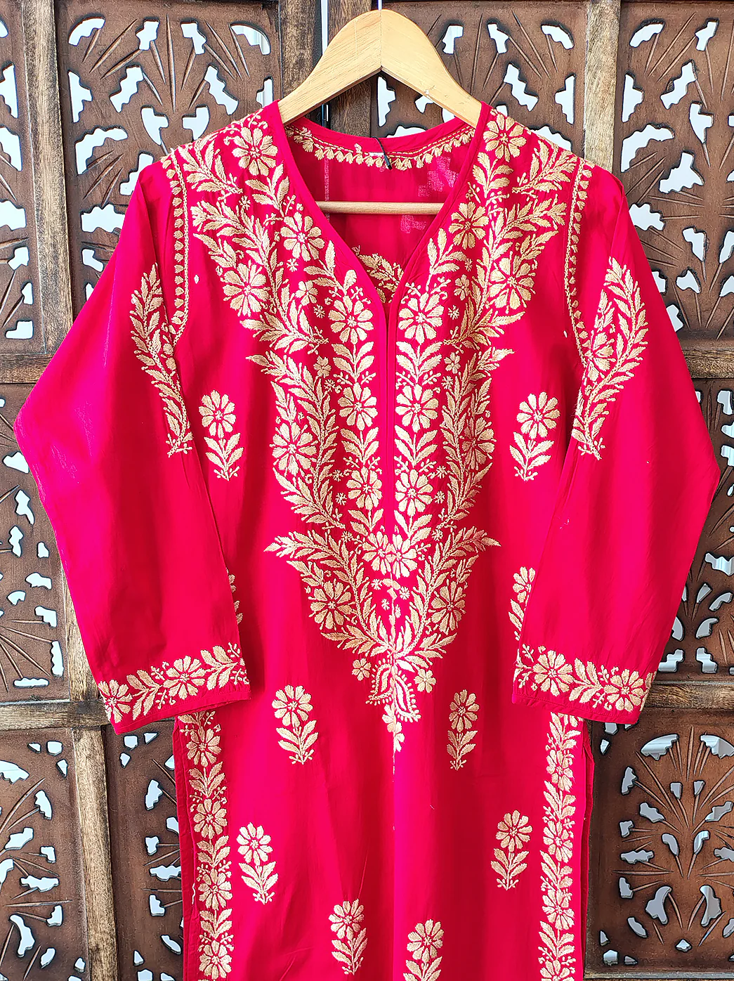 Red Cotton Chikankari Straight Kurti - Image 6