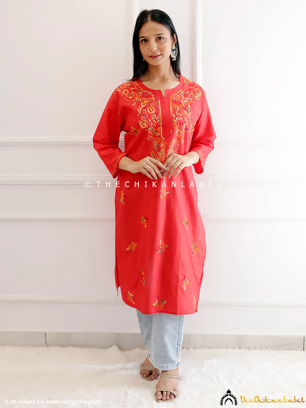 Red Cotton Chikankari Straight Kurti