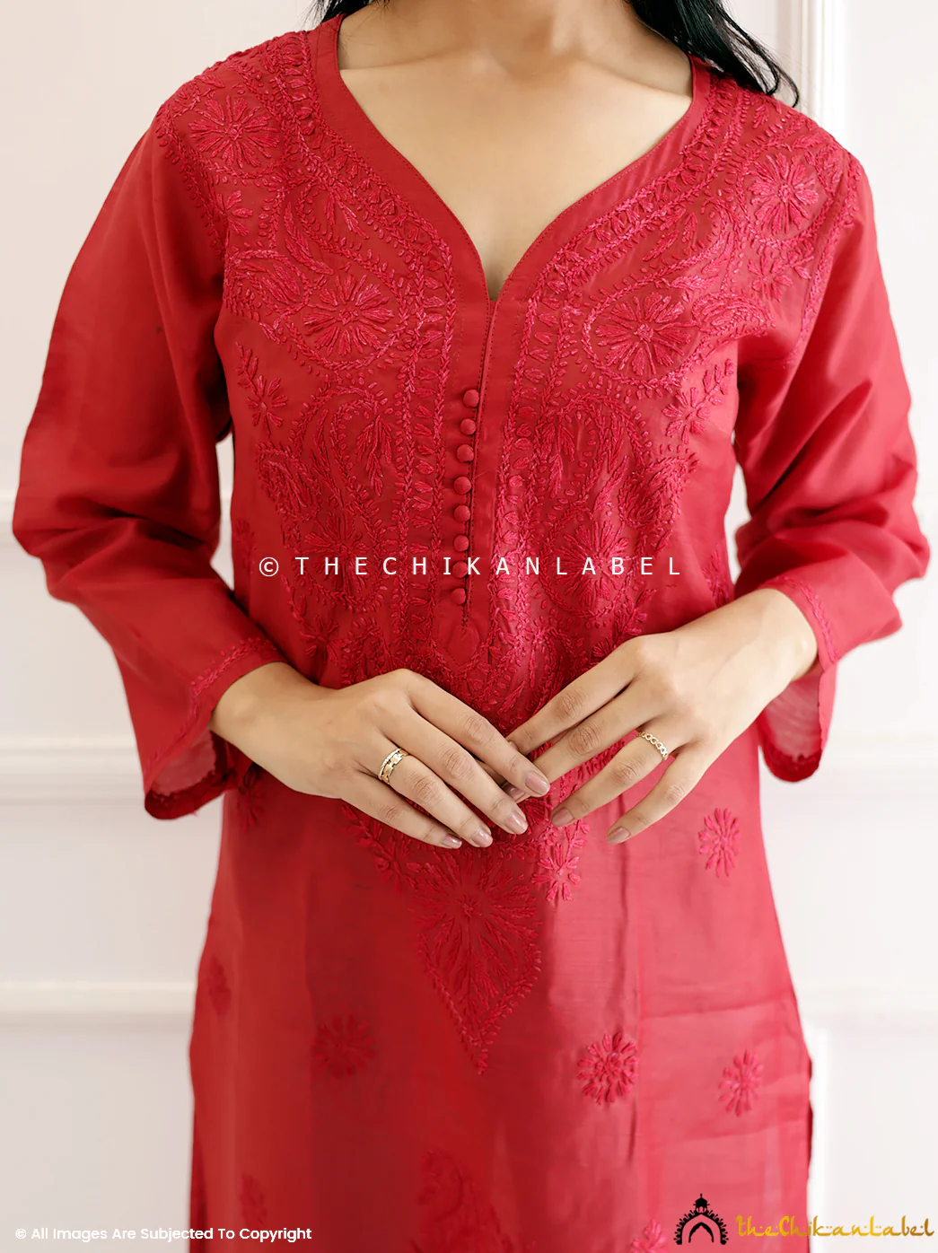 Red Cotton Chikankari Straight Kurti - Image 2