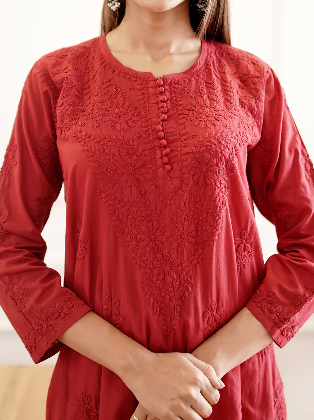Red Cotton Chikankari Straight Kurti - Image 2