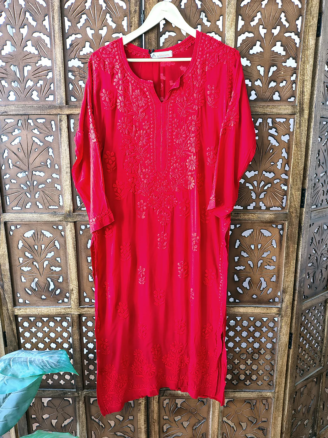 Red Crepe Chikankari Straight Kurti - Image 2