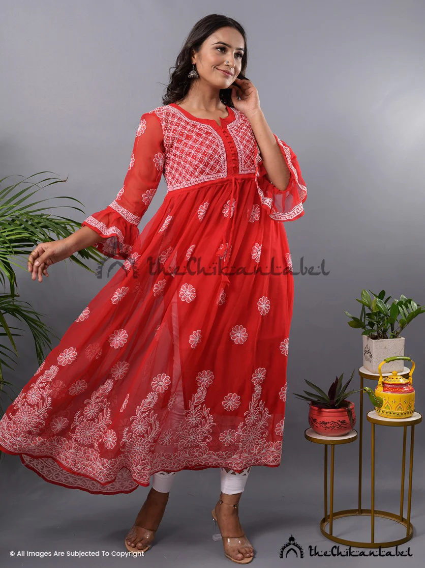 Red Georgette A-Line Kurti Lucknow Chikankari Kurta - Image 4