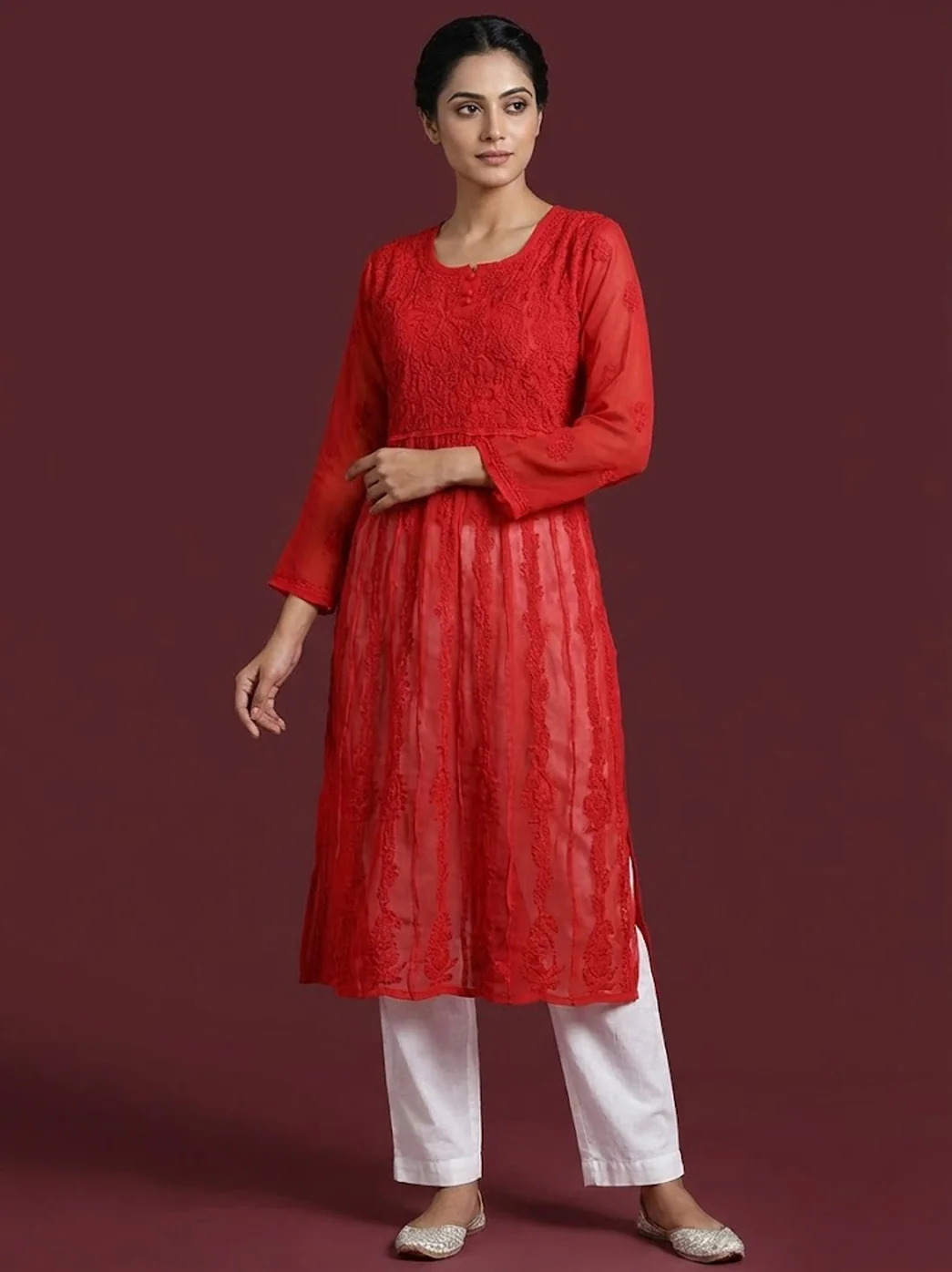 Red Georgette Chikankari Anarkali Kurti