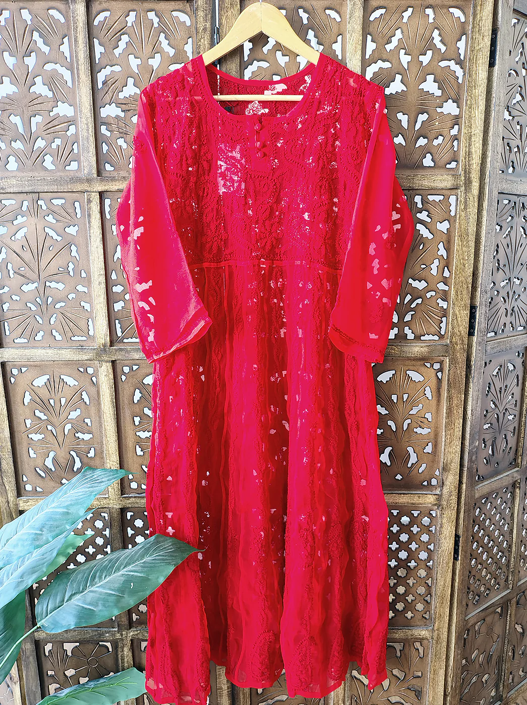 Red Georgette Chikankari Anarkali Kurti - Image 2
