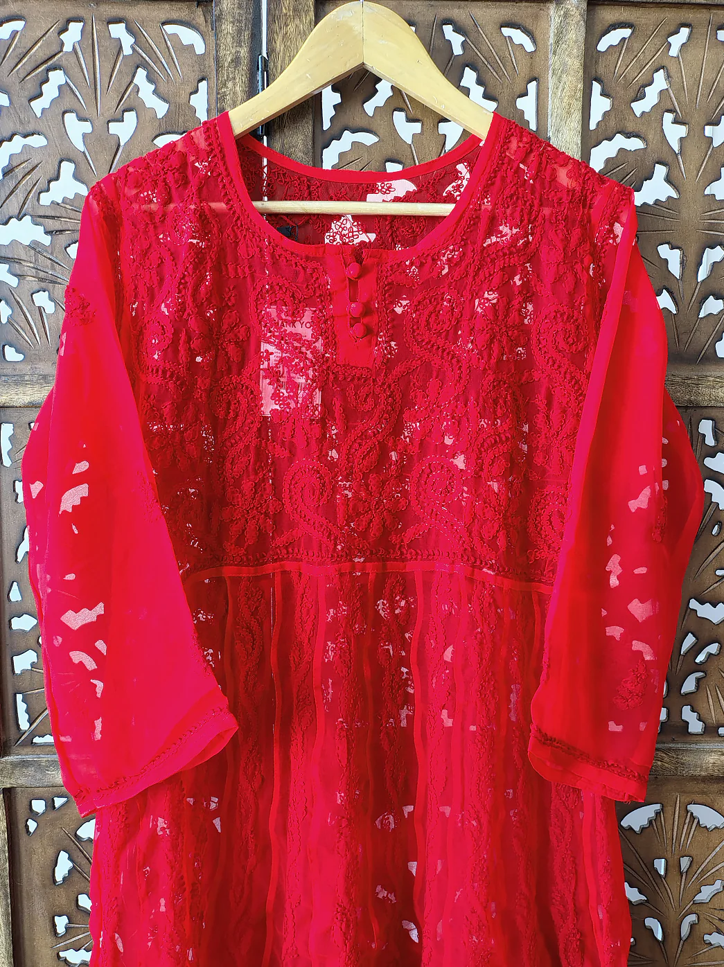 Red Georgette Chikankari Anarkali Kurti - Image 3