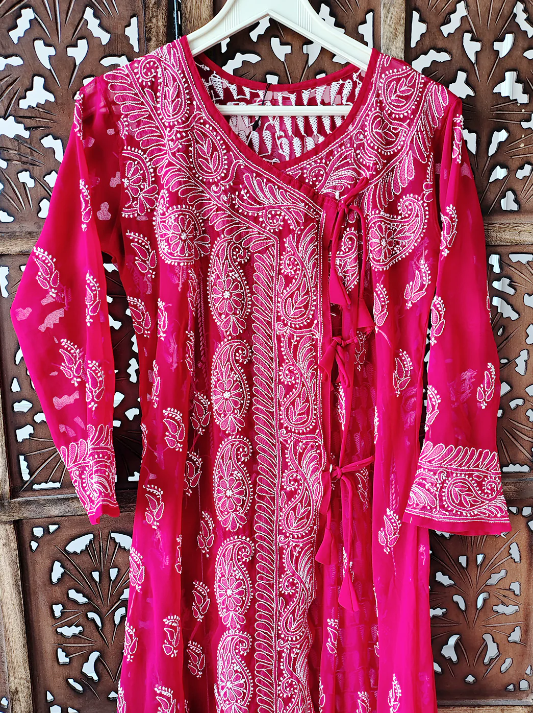 Red Georgette Chikankari Angrakha Kurti - Image 3