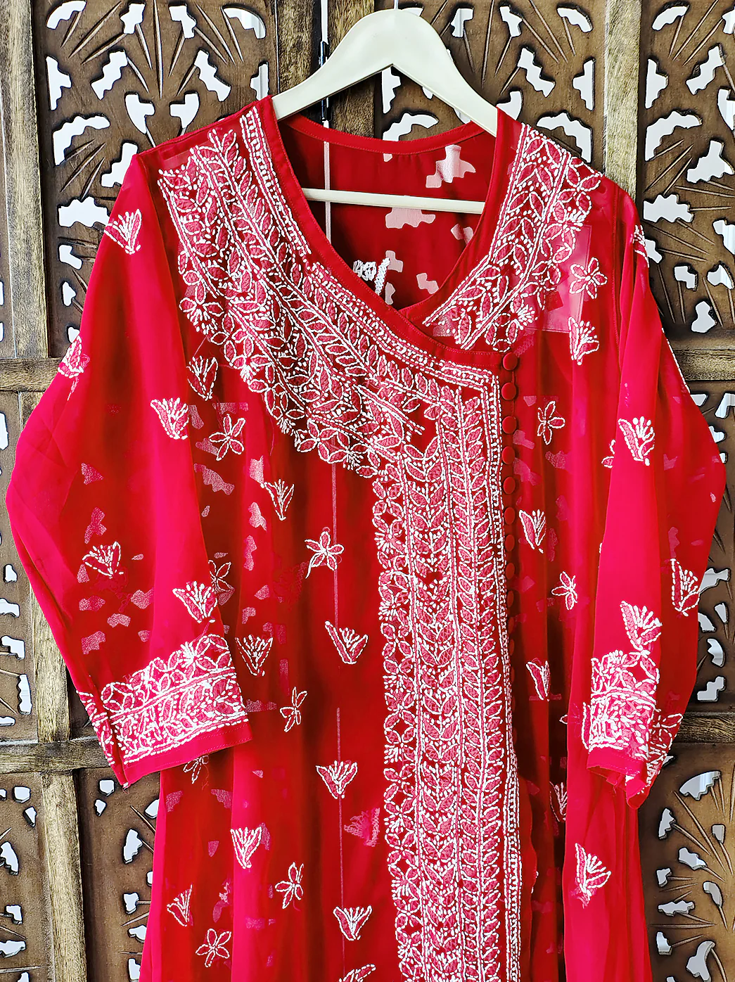 Red Georgette Chikankari Angrakha Kurti - Image 3