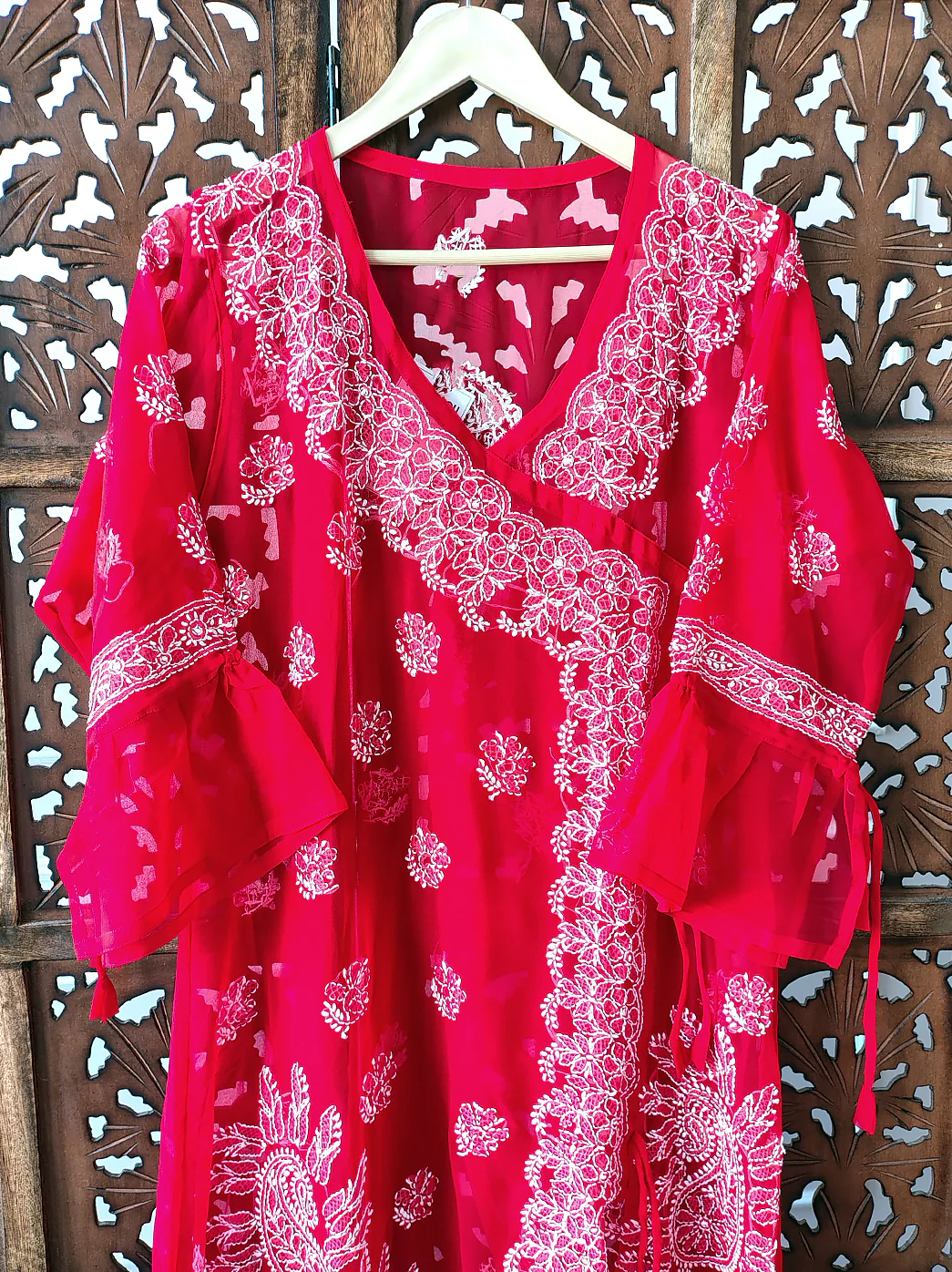 Red Georgette Chikankari Angrakha Kurti - Image 3