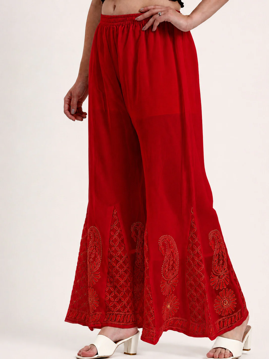 Red Areeba Georgette Chikankari Sharara - Image 3