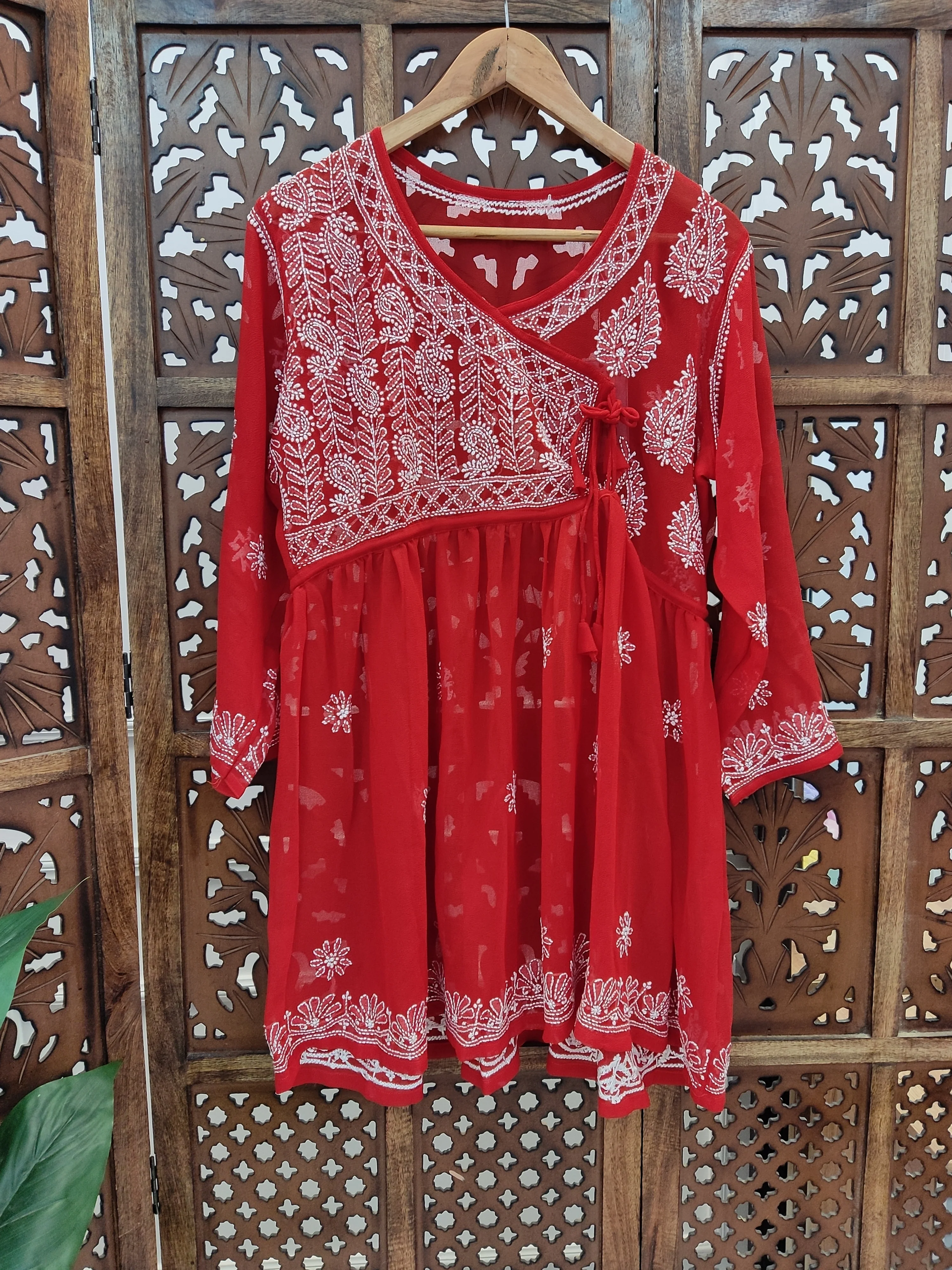 Red Georgette Chikankari Short Angarkha - Image 2