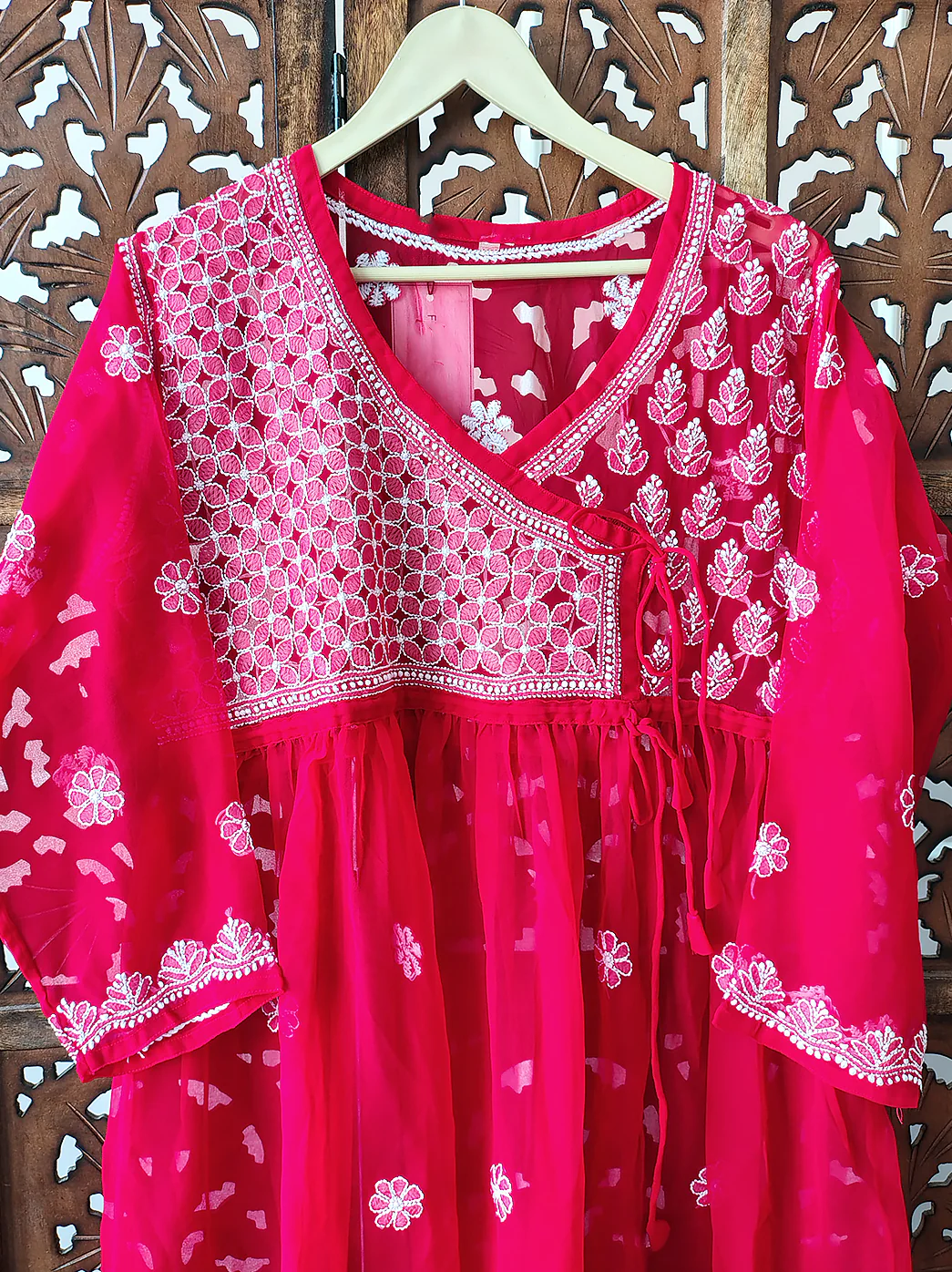 Red Georgette Chikankari Short Angrakha - Image 3