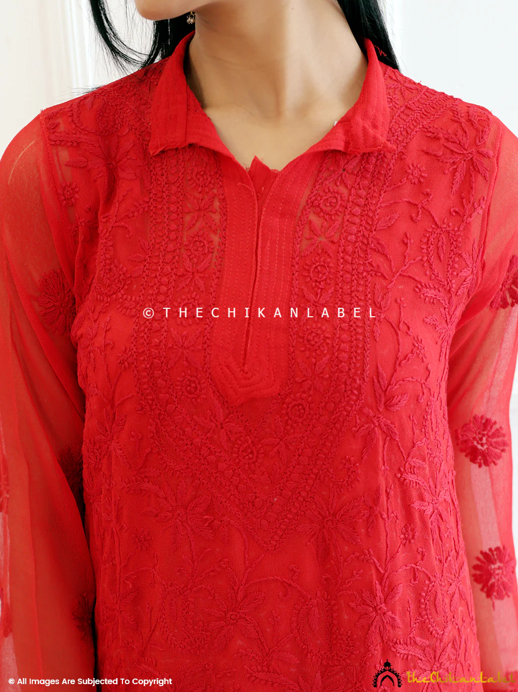 Red Georgette Chikankari Straight kurti - Image 2