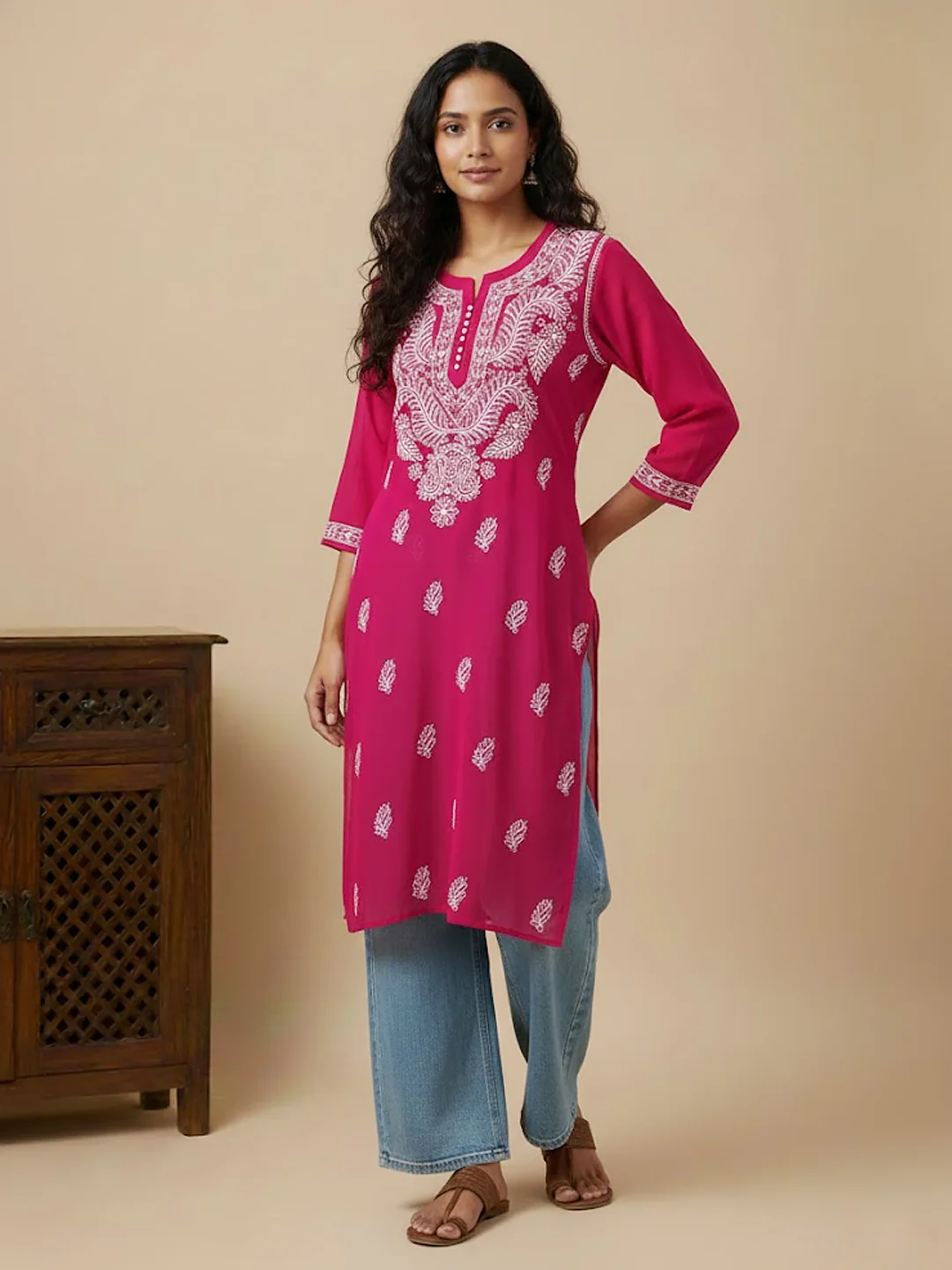 Red Georgette Chikankari Straight Kurti