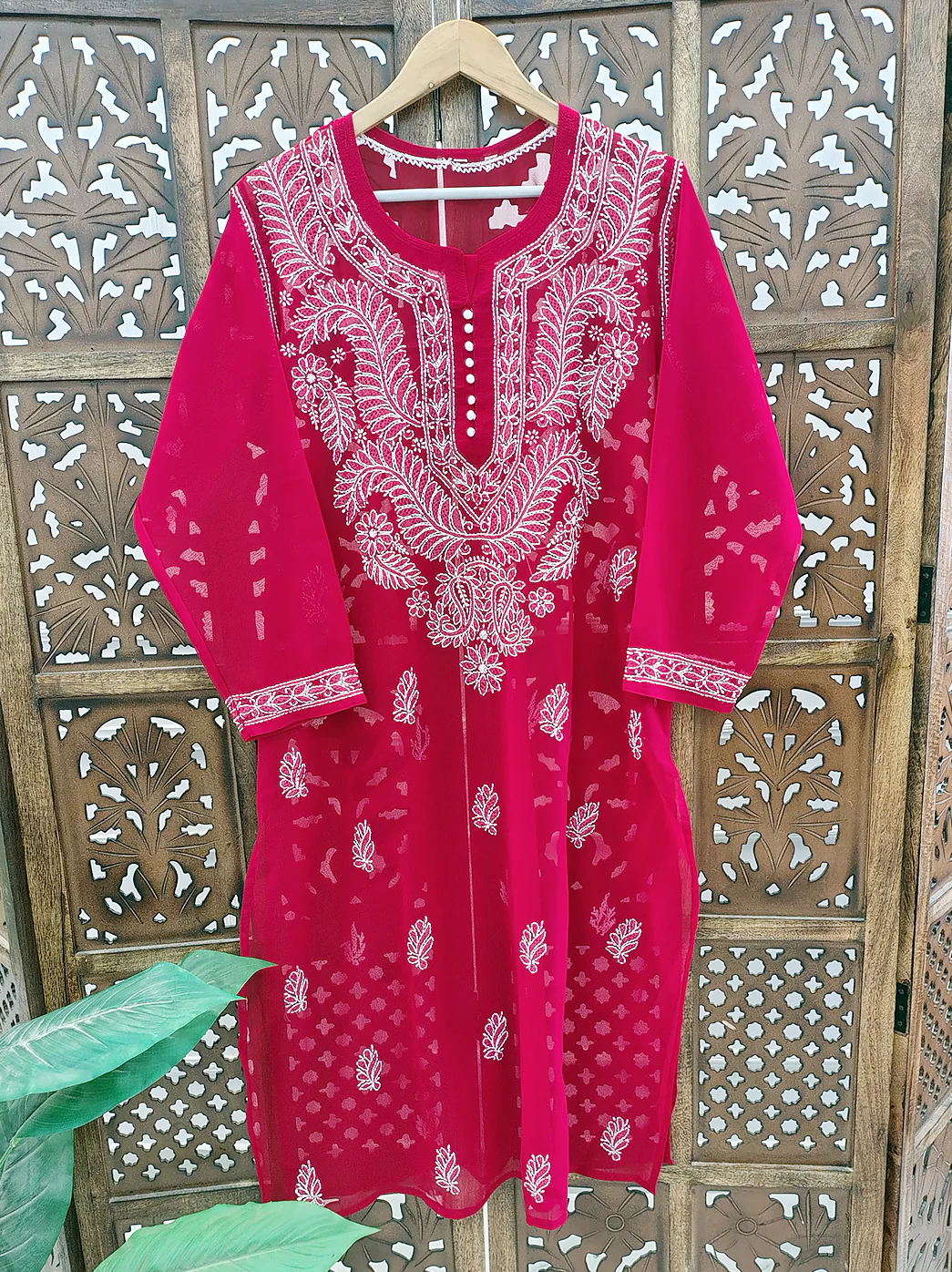 Red Georgette Chikankari Straight Kurti - Image 2