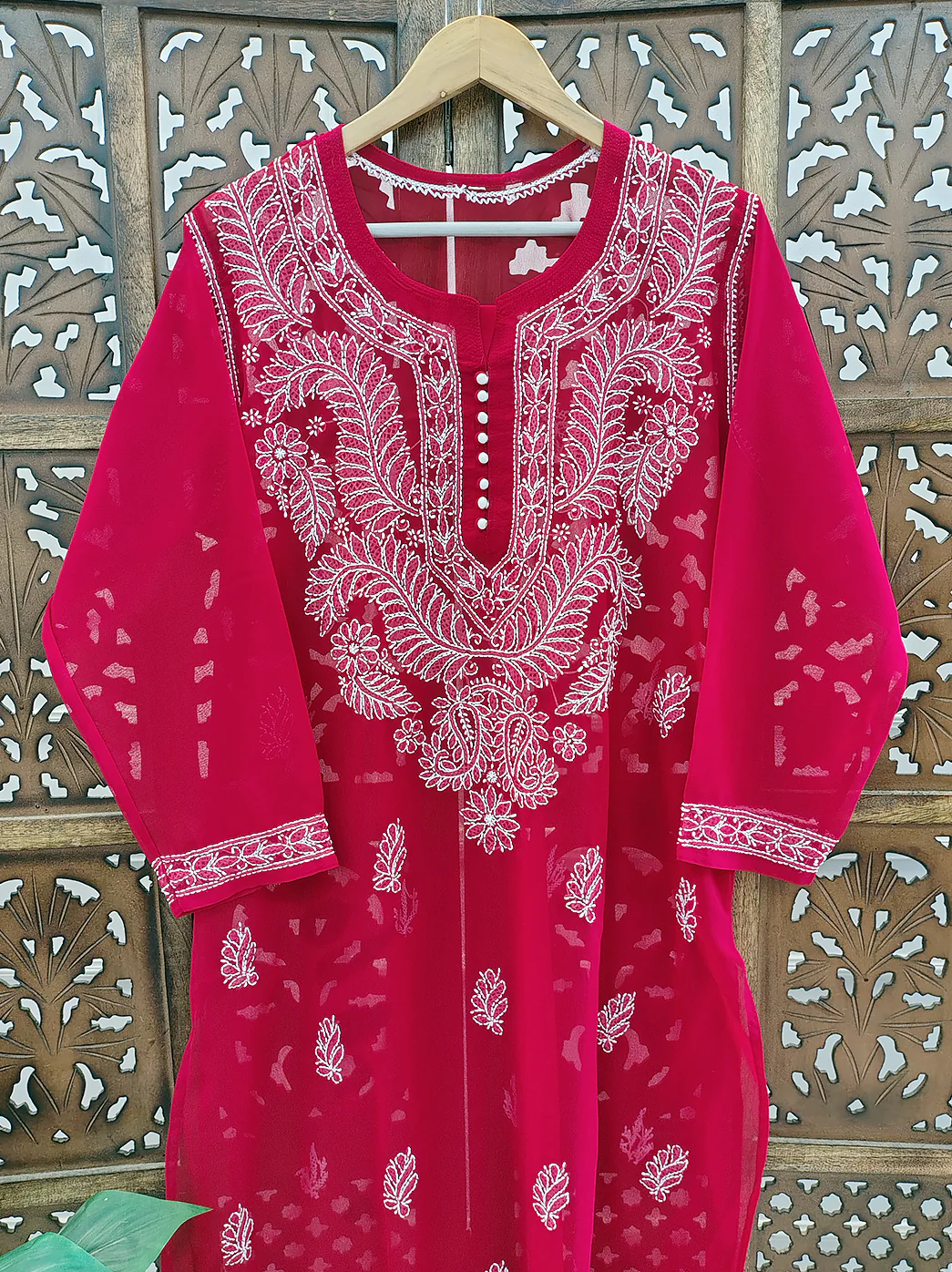 Red Georgette Chikankari Straight Kurti - Image 3