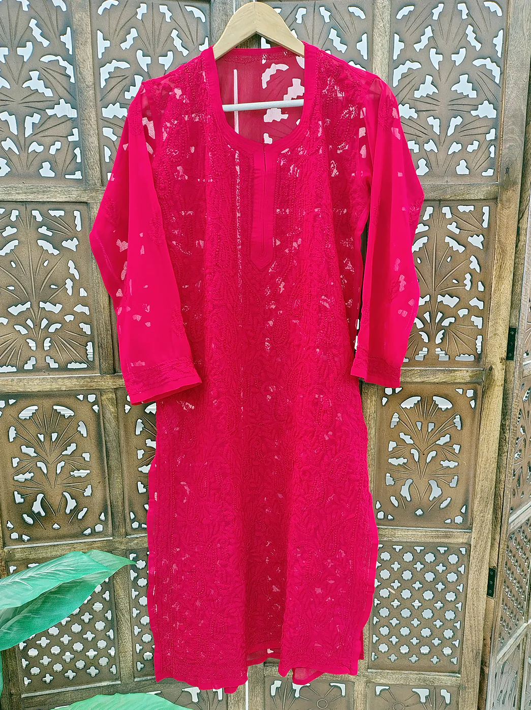 Red Georgette Chikankari Straight Kurti - Image 2