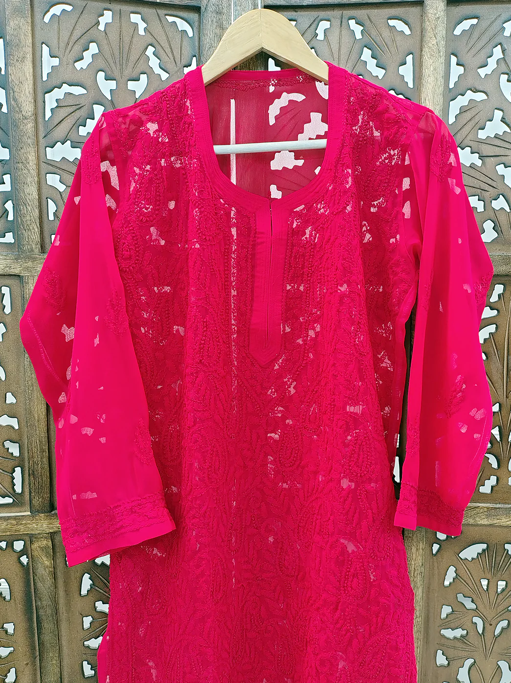 Red Georgette Chikankari Straight Kurti - Image 3