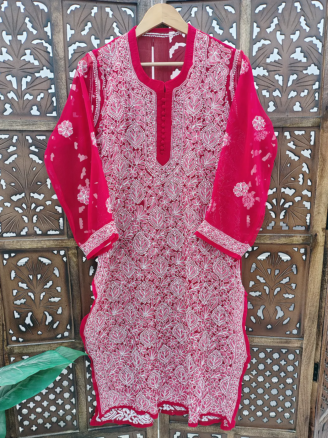 Red Georgette Chikankari Straight Kurti - Image 2