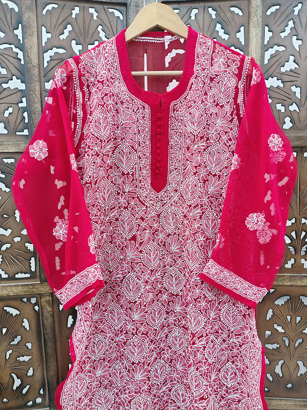 Red Georgette Chikankari Straight Kurti - Image 3