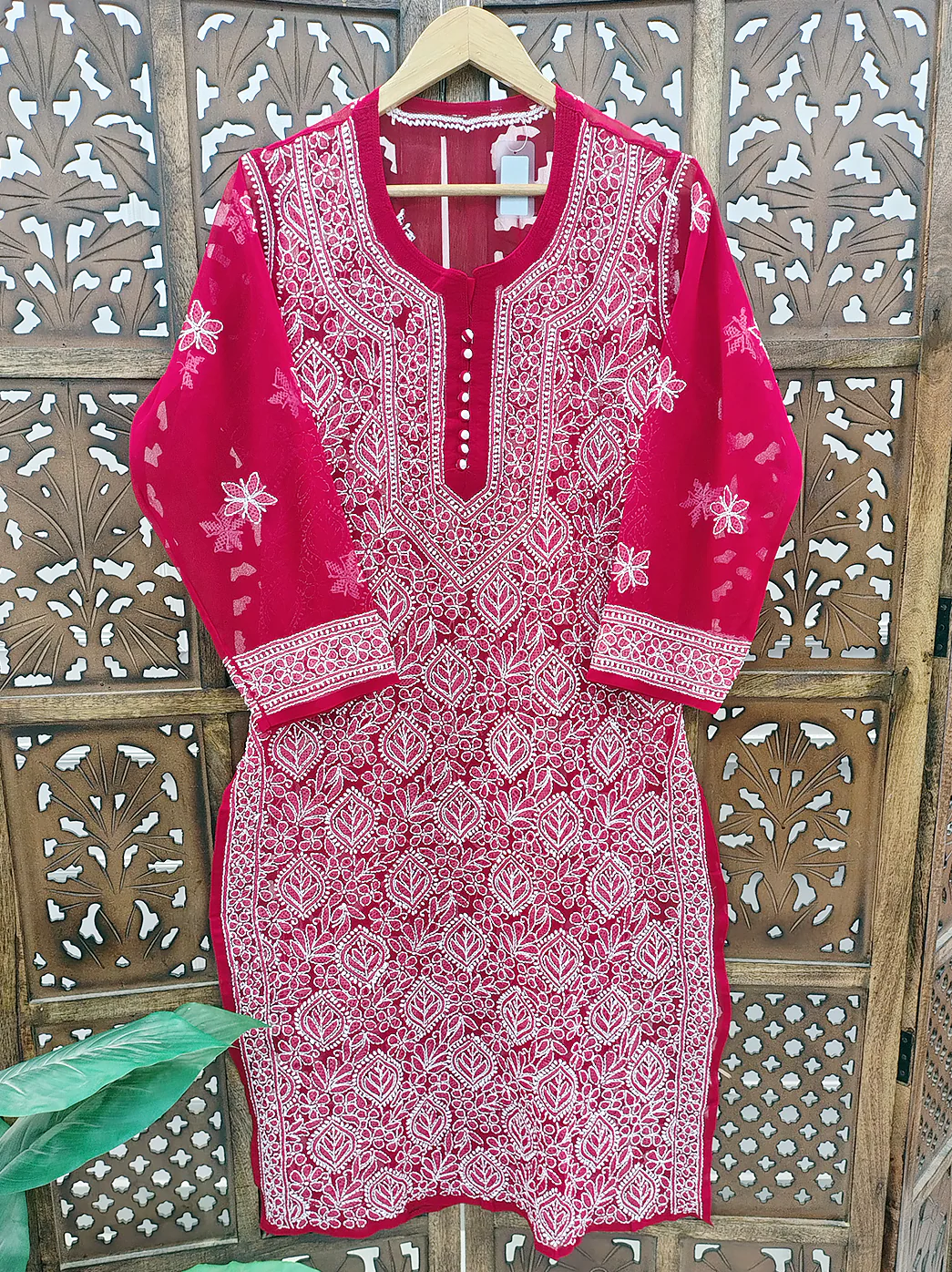 Red Georgette Chikankari Straight Kurti - Image 2