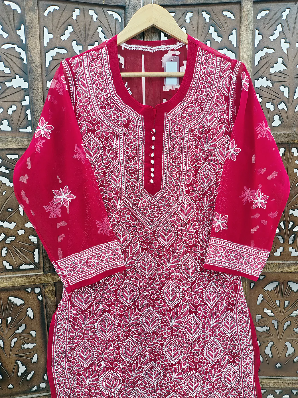 Red Georgette Chikankari Straight Kurti - Image 3