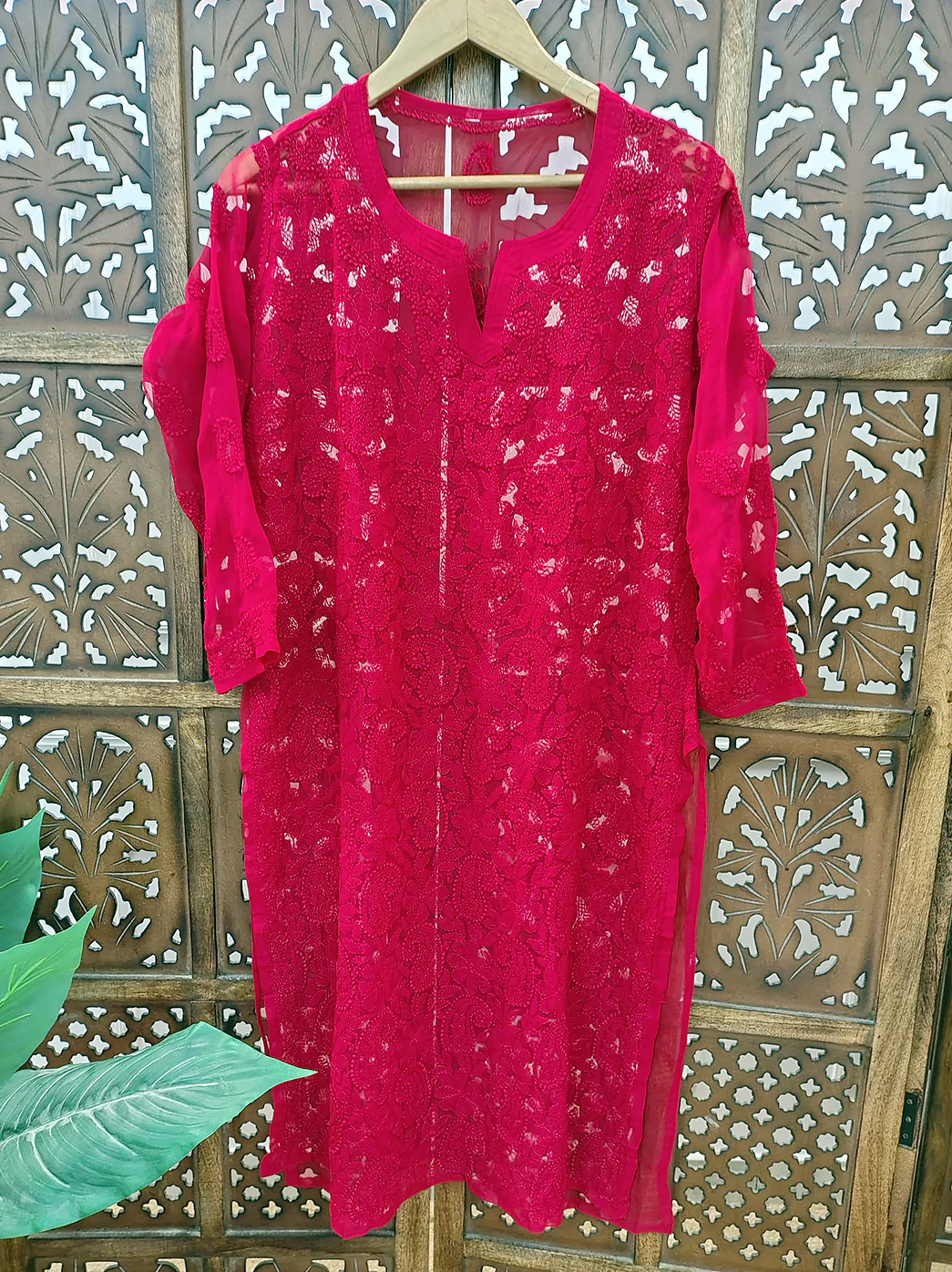 Red Georgette Chikankari Straight Kurti - Image 2