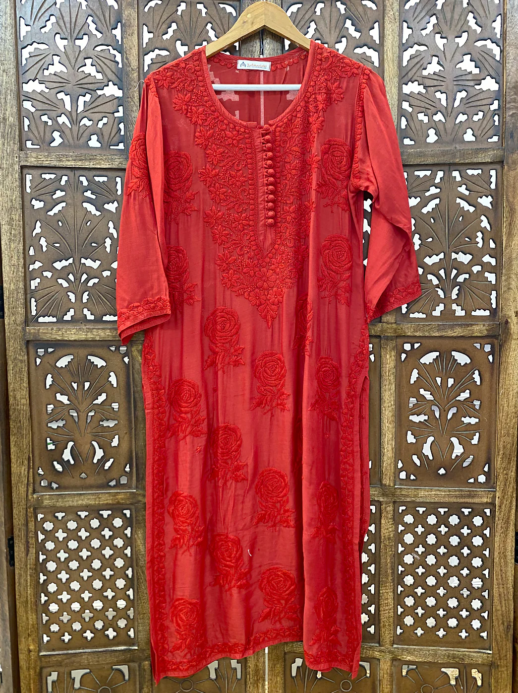 Red Gulaab Muslin Chikankari Straight Kurti - Image 2