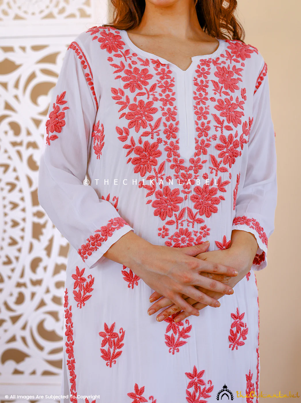 Jugni Modal Chikankari Straight Kurti - Red - Image 7