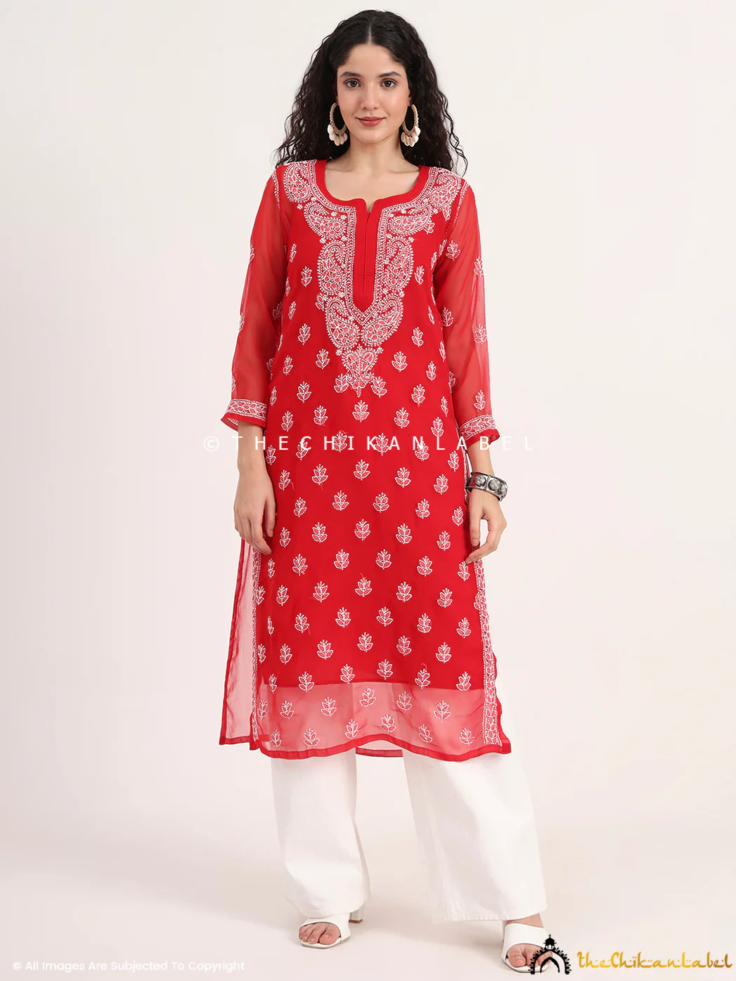 Mahak Georgette Chikankari Straight Kurti with Inner - Red