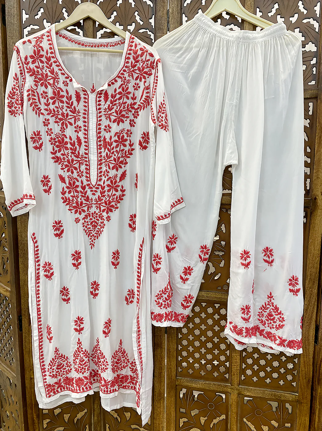 Red Modal Chikankari Kurti Palazzo Set - Image 2