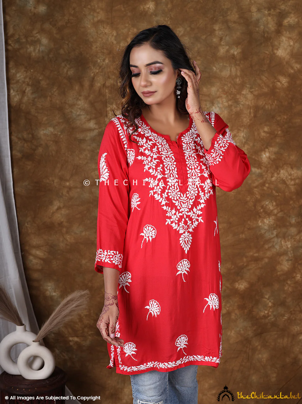 Red Modal Chikankari Short Top - Image 2