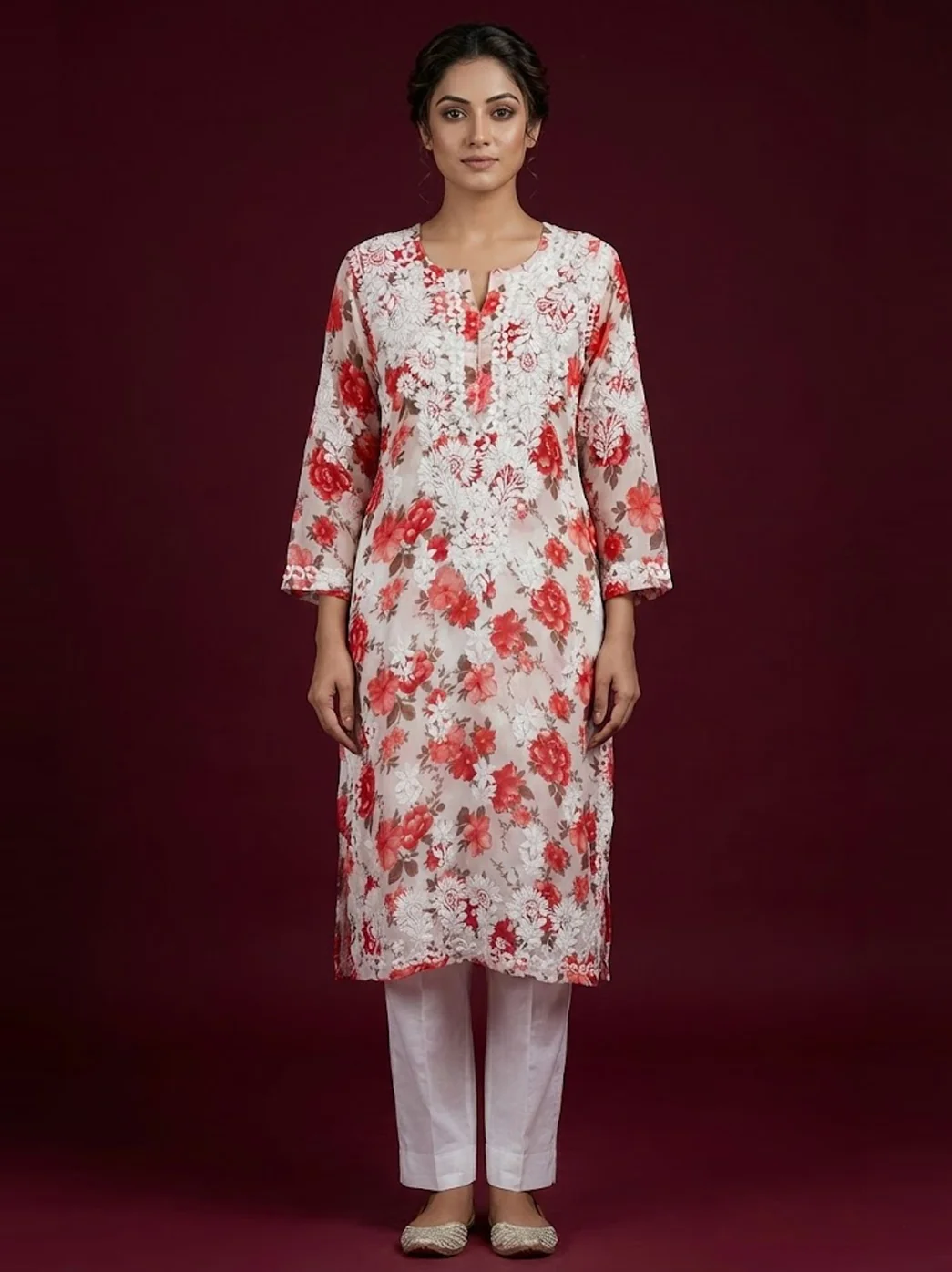 Red Mulmul Printed Chikankari Straight Kurti