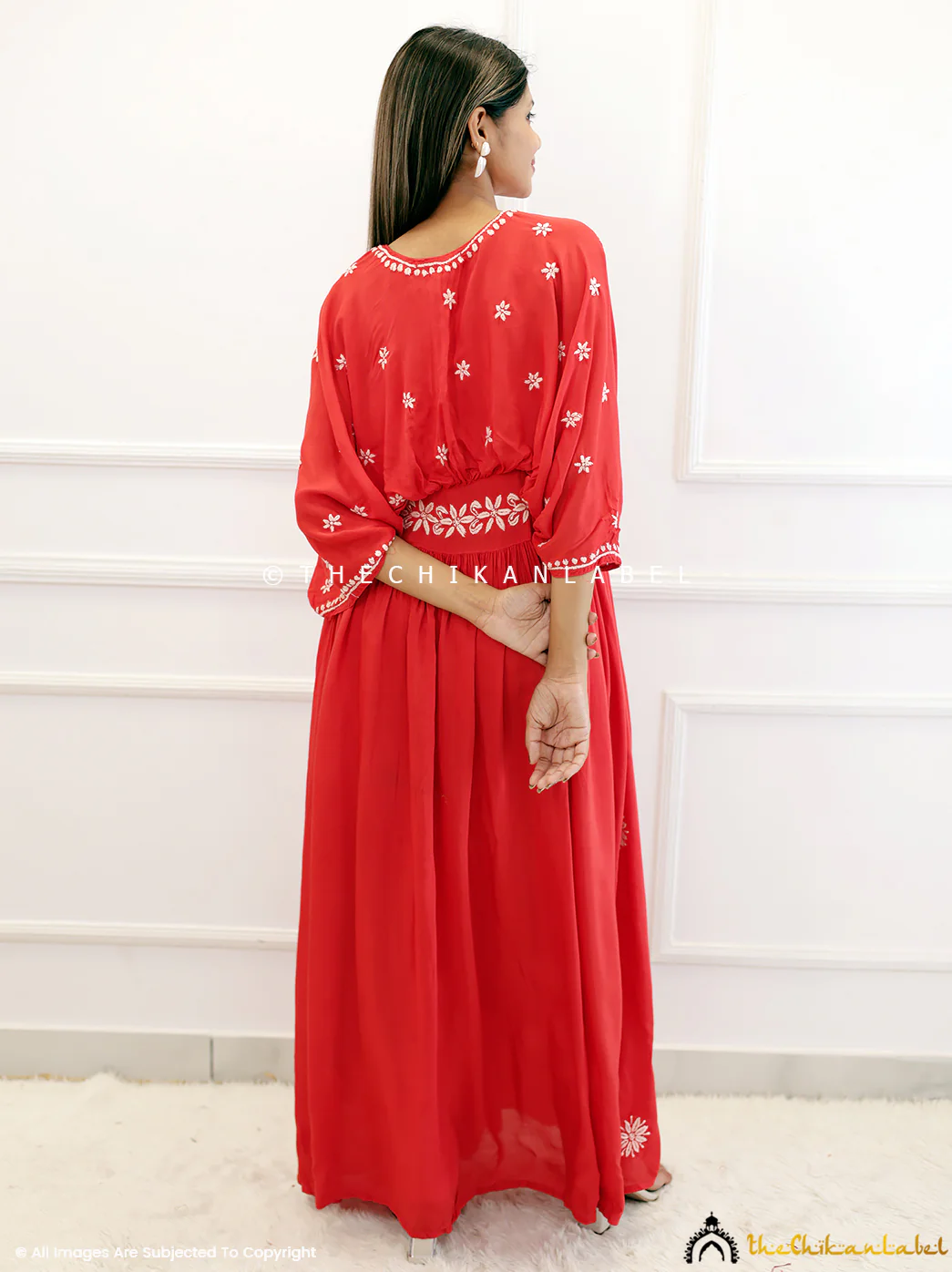 Red Muslin Chikankari Boho Kaftan - Image 3