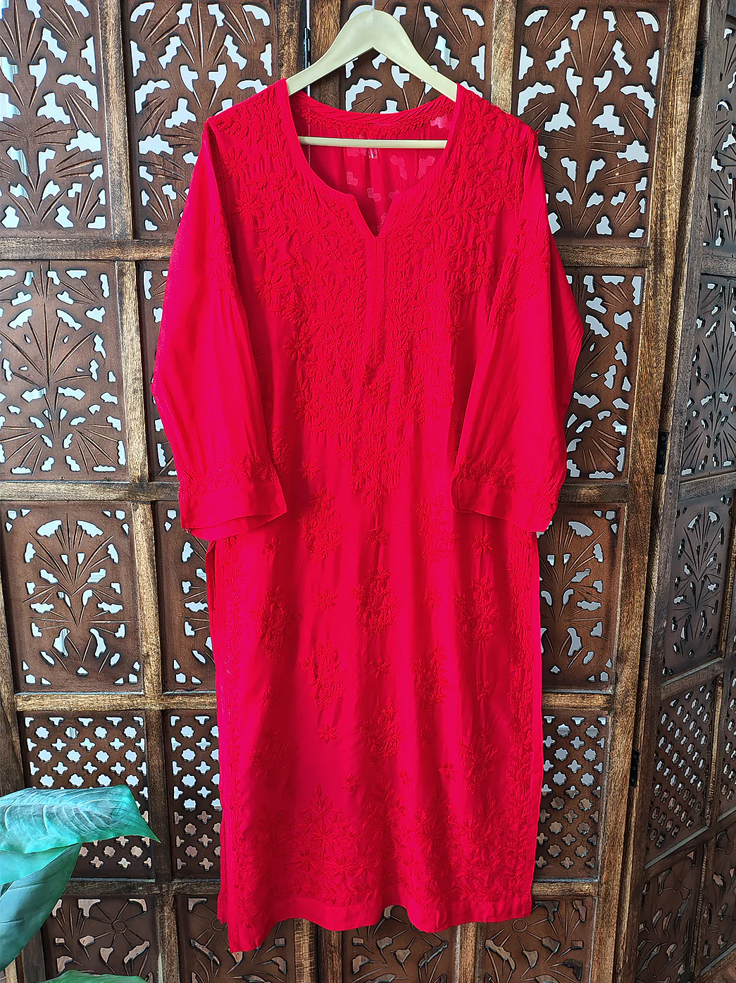 Red Muslin Chikankari Straight Kurti - Image 2