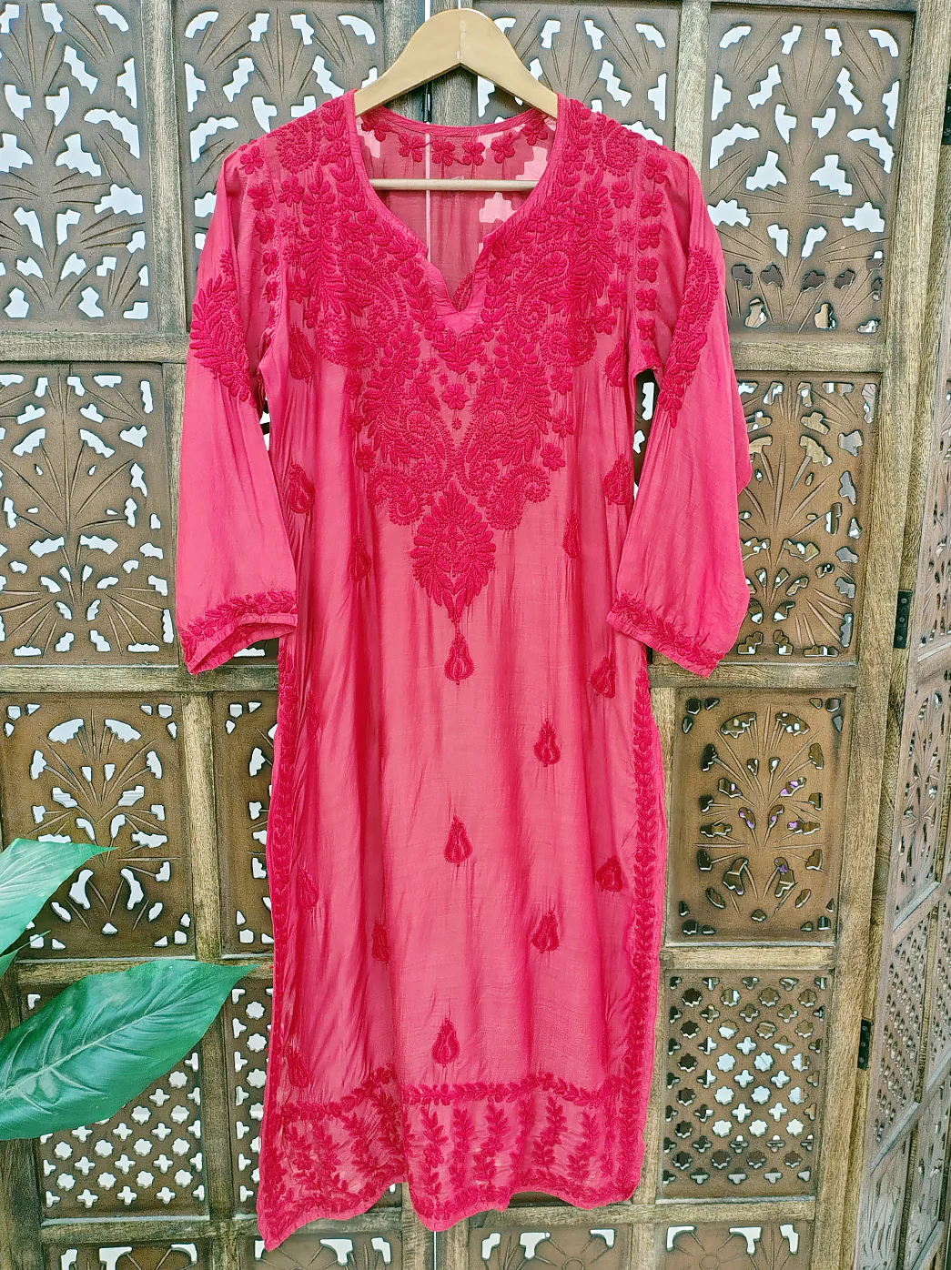 Red Muslin Chikankari Straight Kurti - Image 2