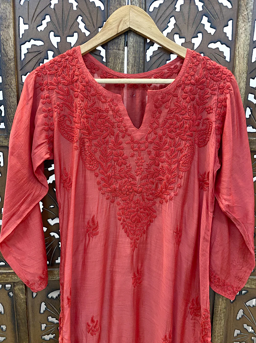 Red Muslin Chikankari Straight Kurti - Image 3