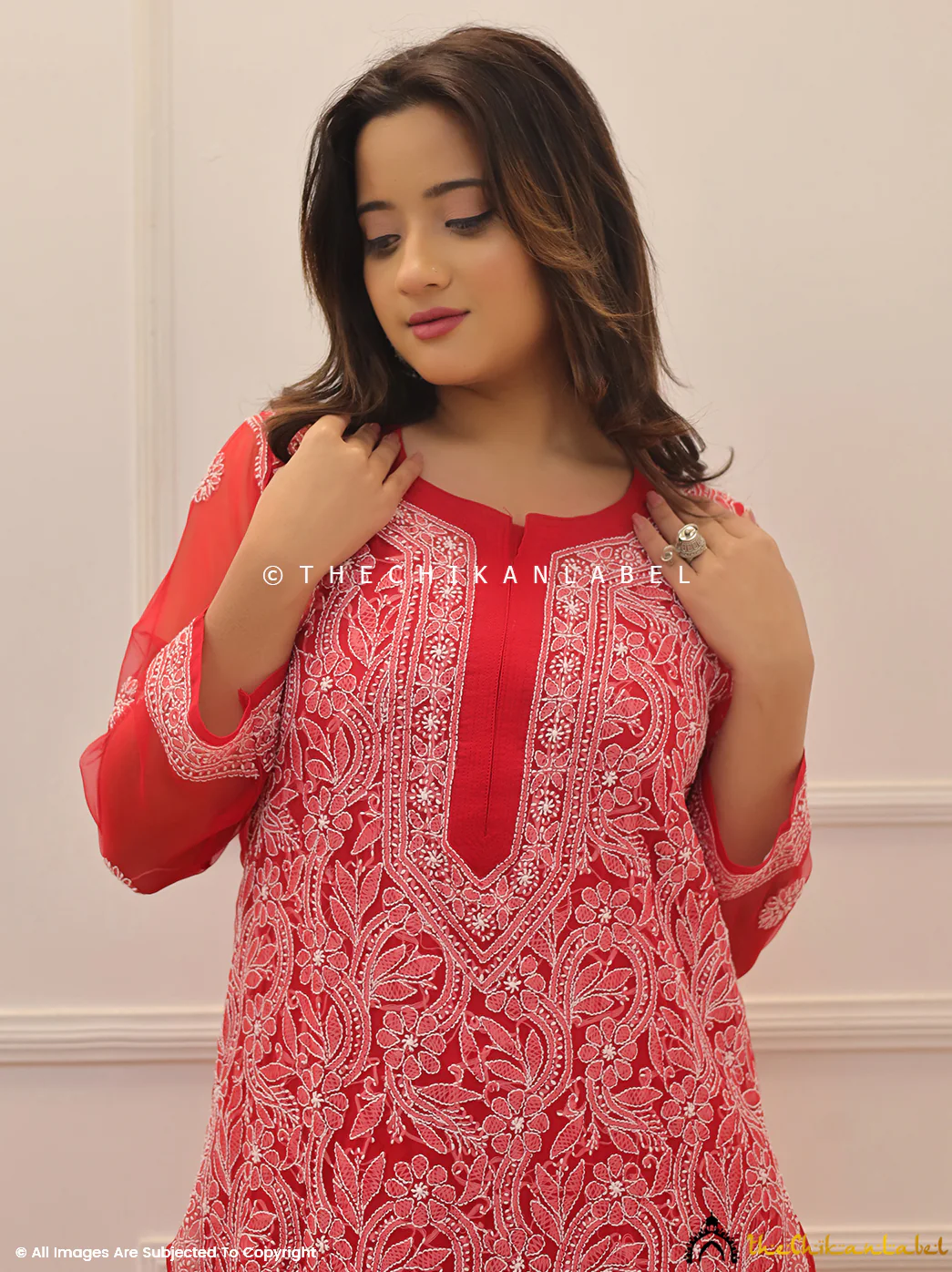 Naaz Georgette Chikankari Straight Kurti - Red - Image 2