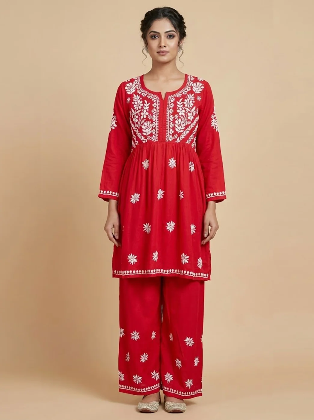 Red Rayon Chikankari Kurti Palazzo Set