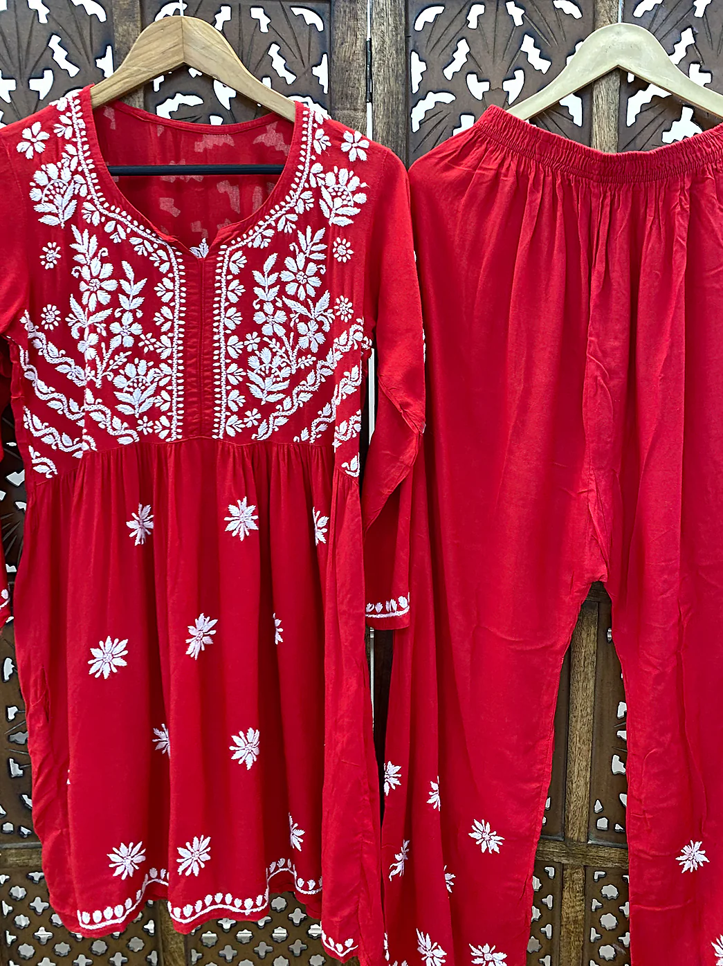 Red Rayon Chikankari Kurti Palazzo Set - Image 3