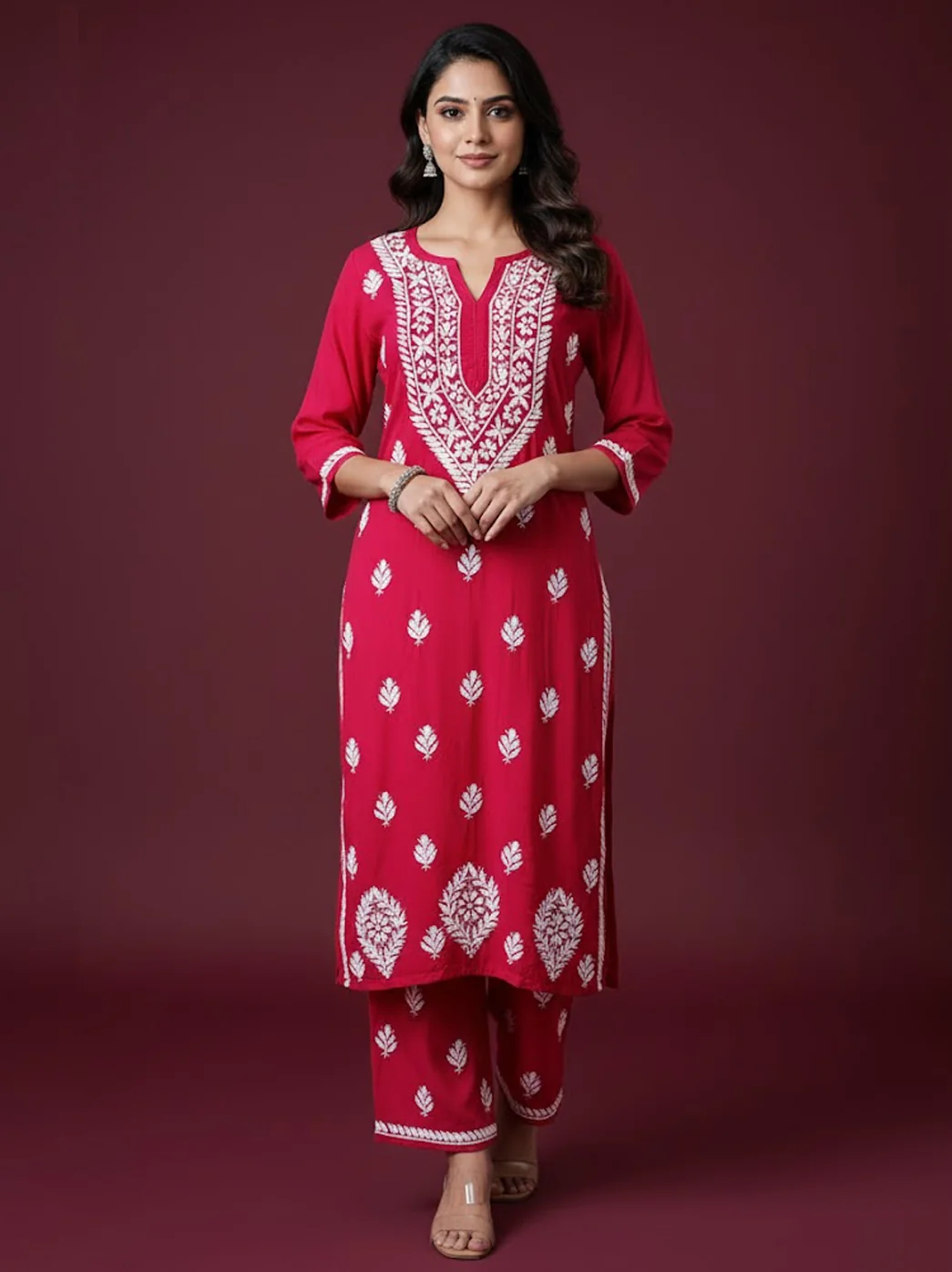 Red Rayon Chikankari Kurti Palazzo Set