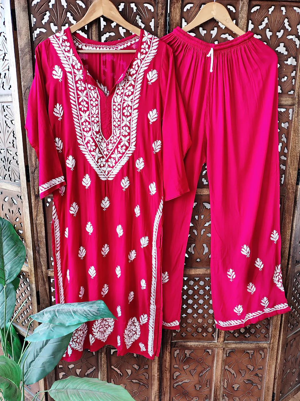 Red Rayon Chikankari Kurti Palazzo Set - Image 2
