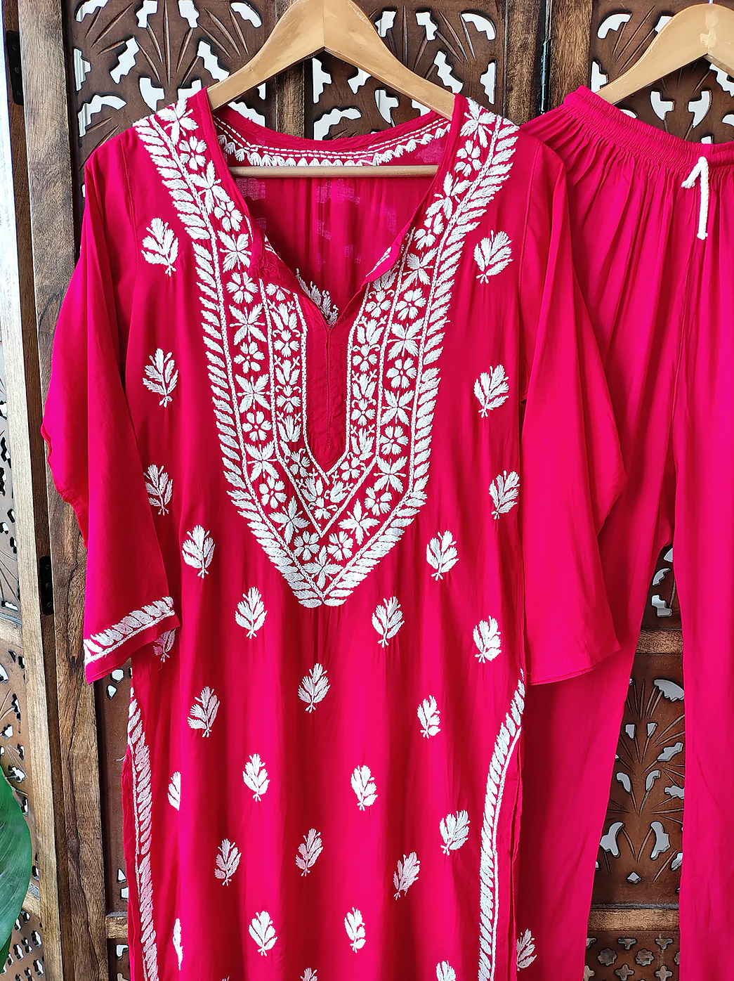 Red Rayon Chikankari Kurti Palazzo Set - Image 3