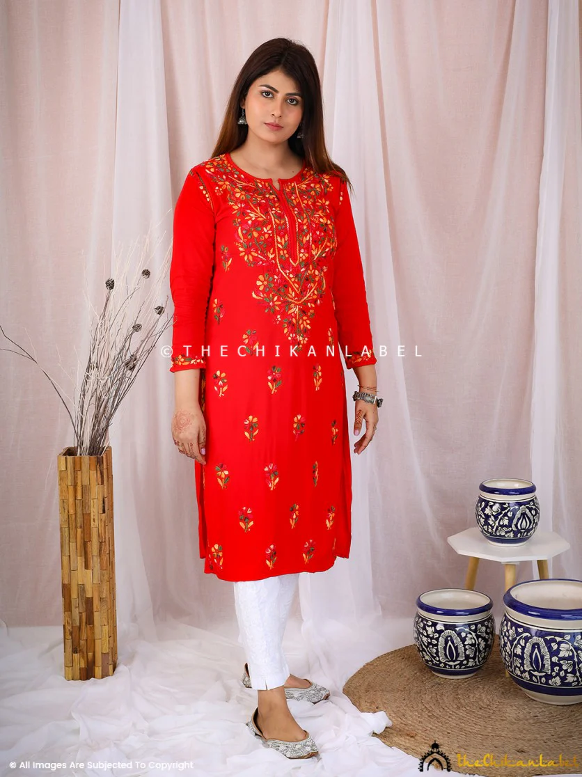 Red Rayon Chikankari Straight Kurti - Image 3