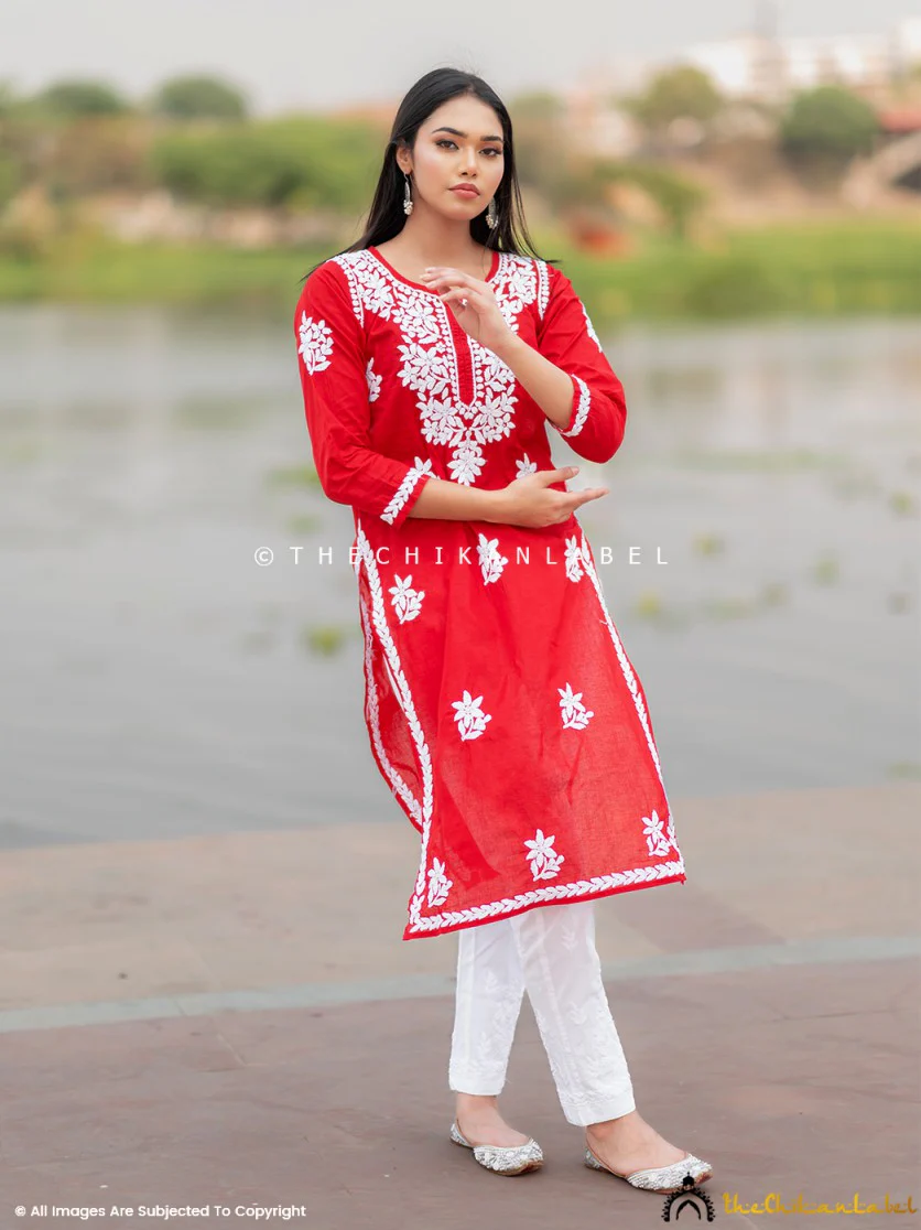 Saba Cotton Chikankari Straight Kurti- Red